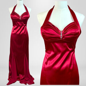 VTG Blondie Nites Womens Y2K Babydoll Maxi Dress Size S 3 Red Satin Halter 90s